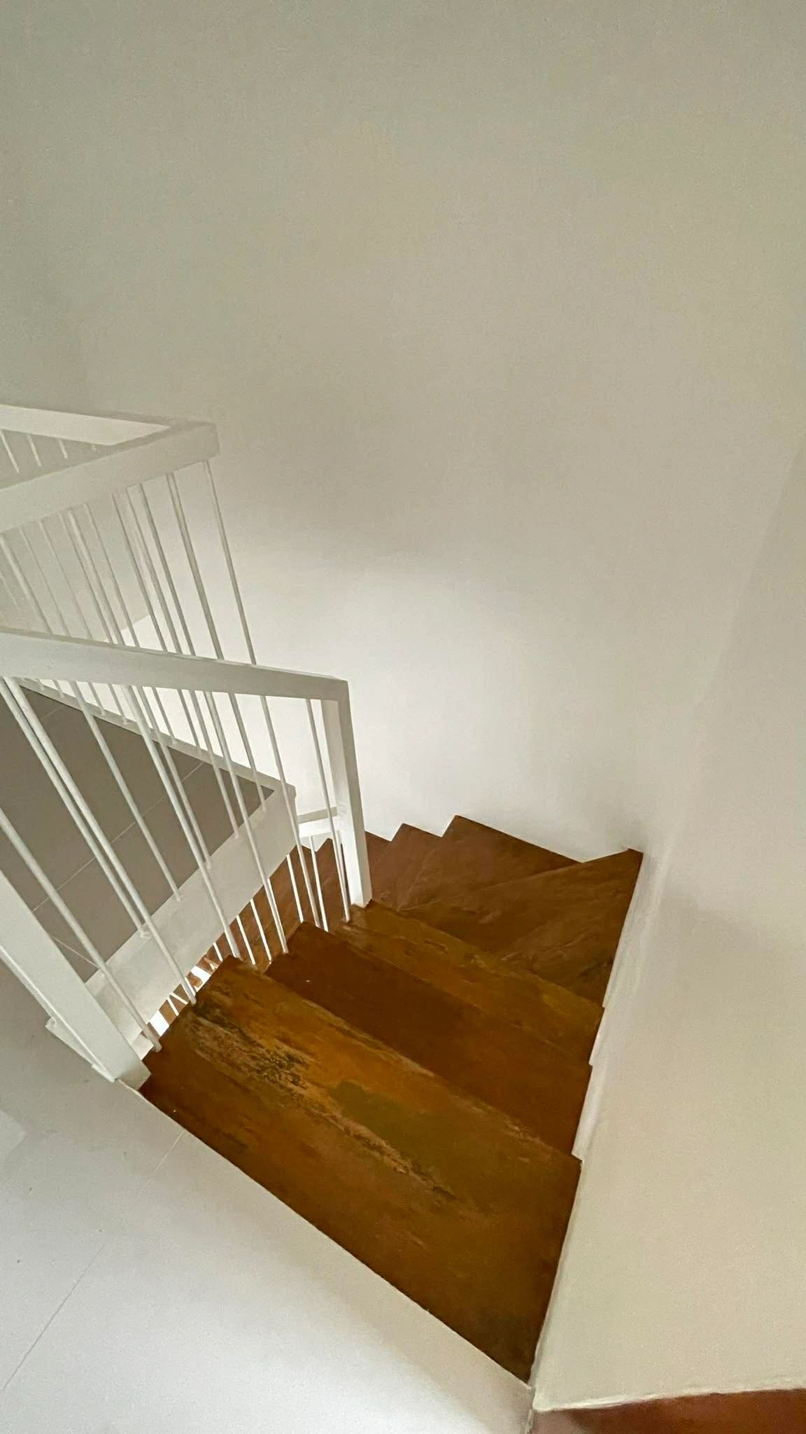 Staircase with hardwood treads and white railing